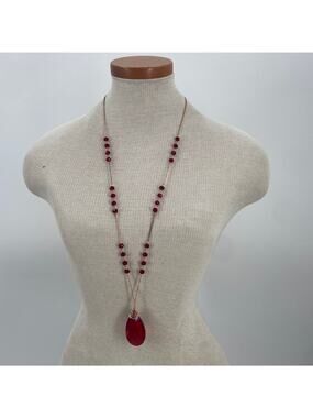Red faux gemstone goldtone long necklace